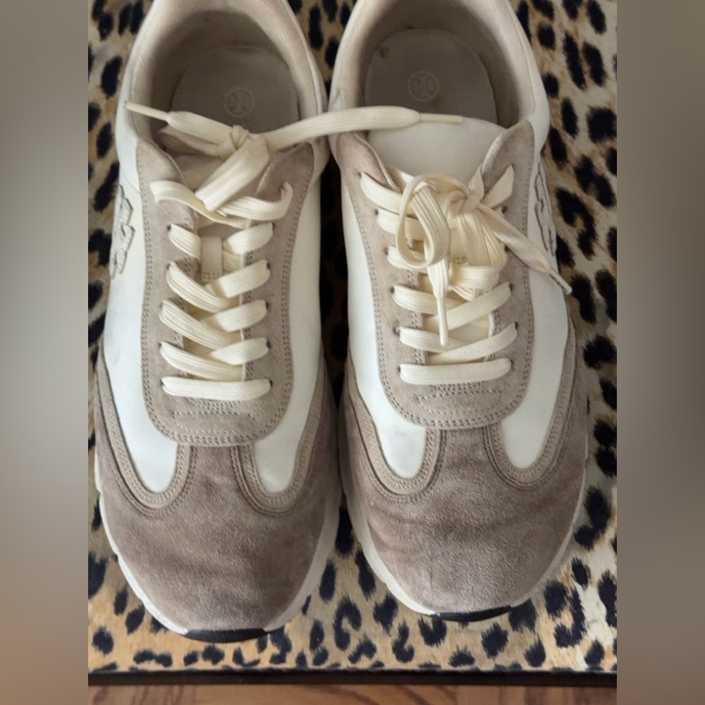 Tory Burch Cream and Taupe Suede Leather Sneakers Size 13